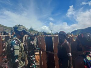 Satgas Habema Bersama Warga Yenggernok Gotong Royong Bangun Honai